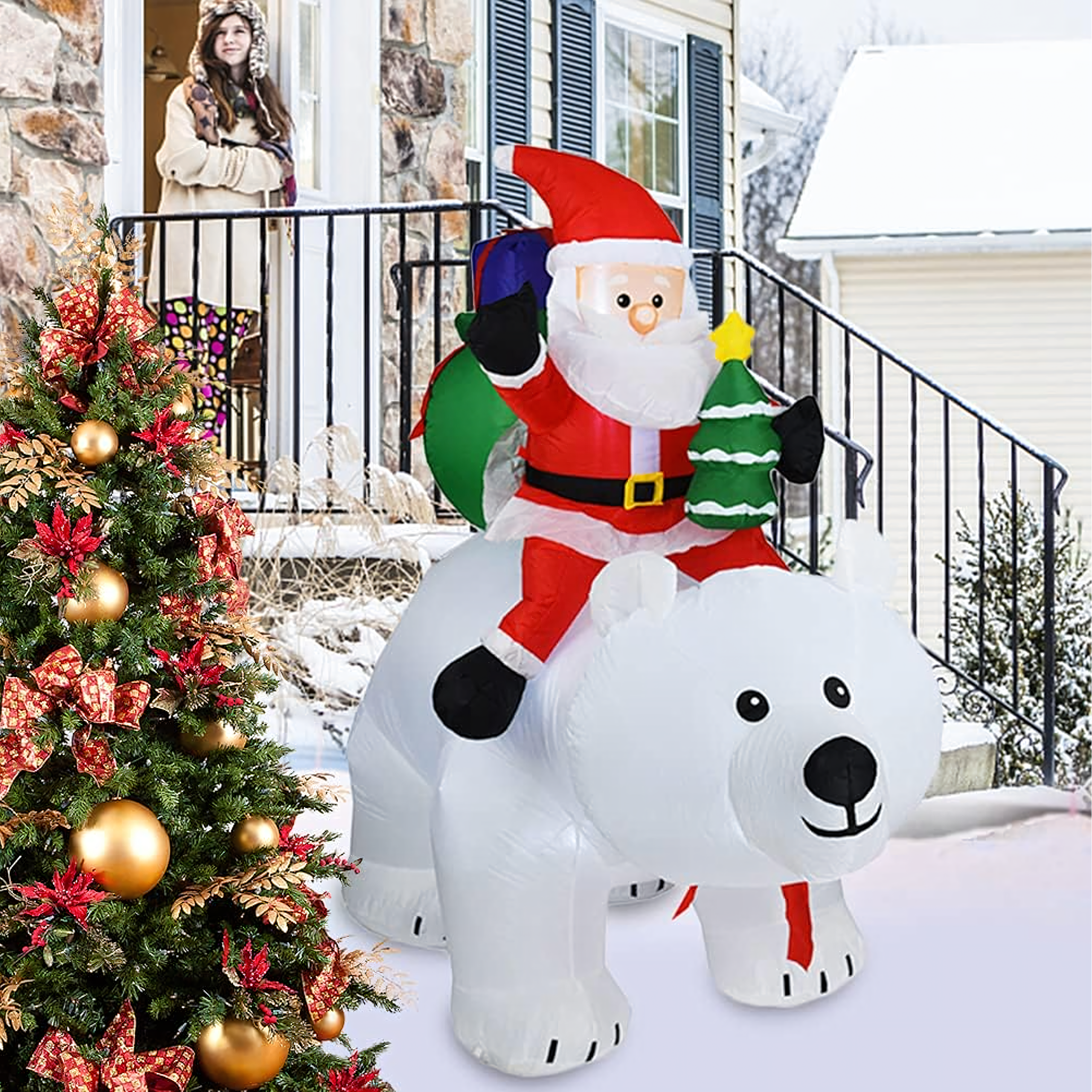 Jõulukaunistus Täispuhutav Jõuluvana Kaisu Karu Seljas Led XXL 210cm