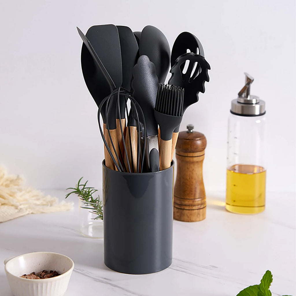 12-Piece Kitchen Utensil Set Silicone and Wooden Utensils