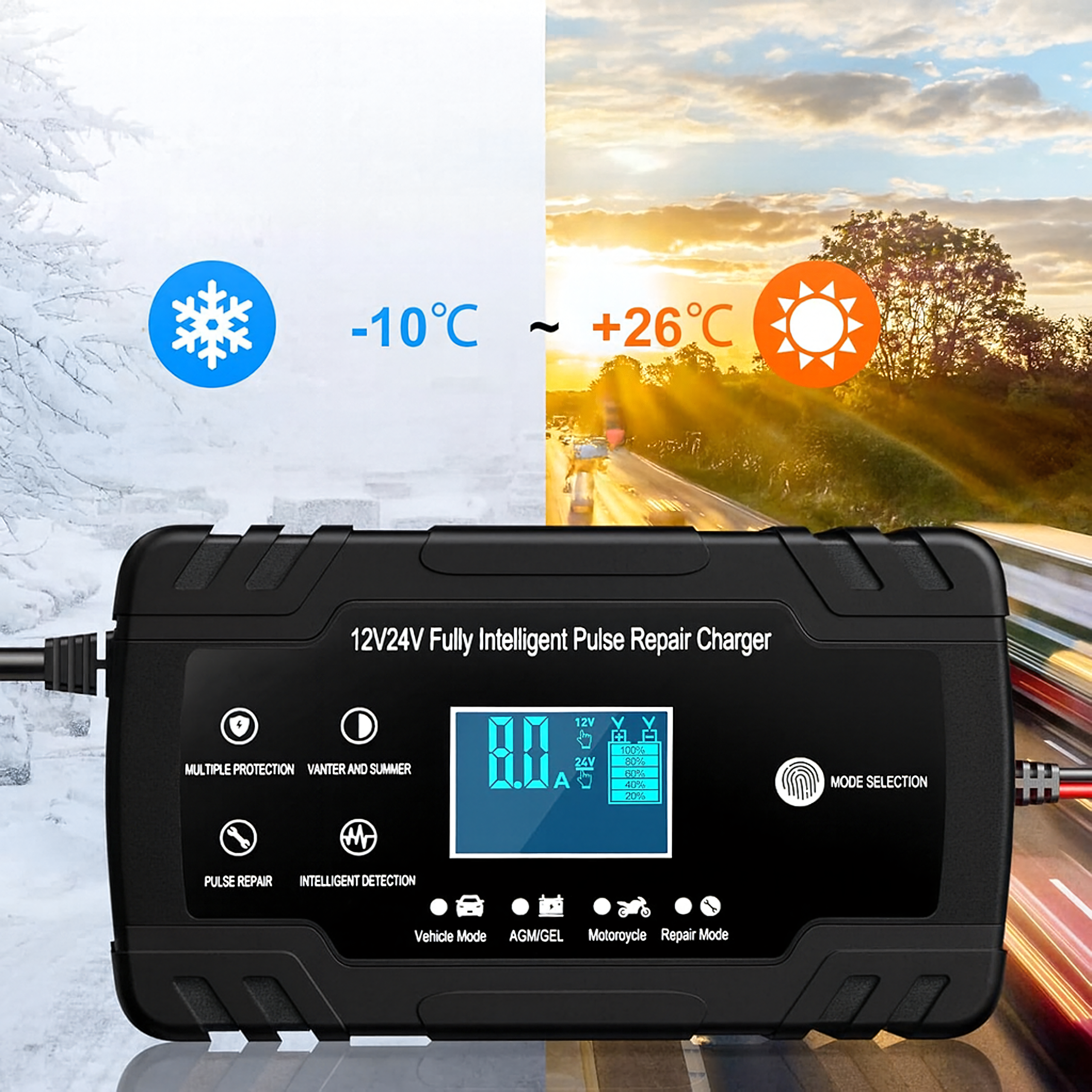 Võimas intelligentne alaldi akulaadija 12V 24V 4A 8A krokodillklemmidega