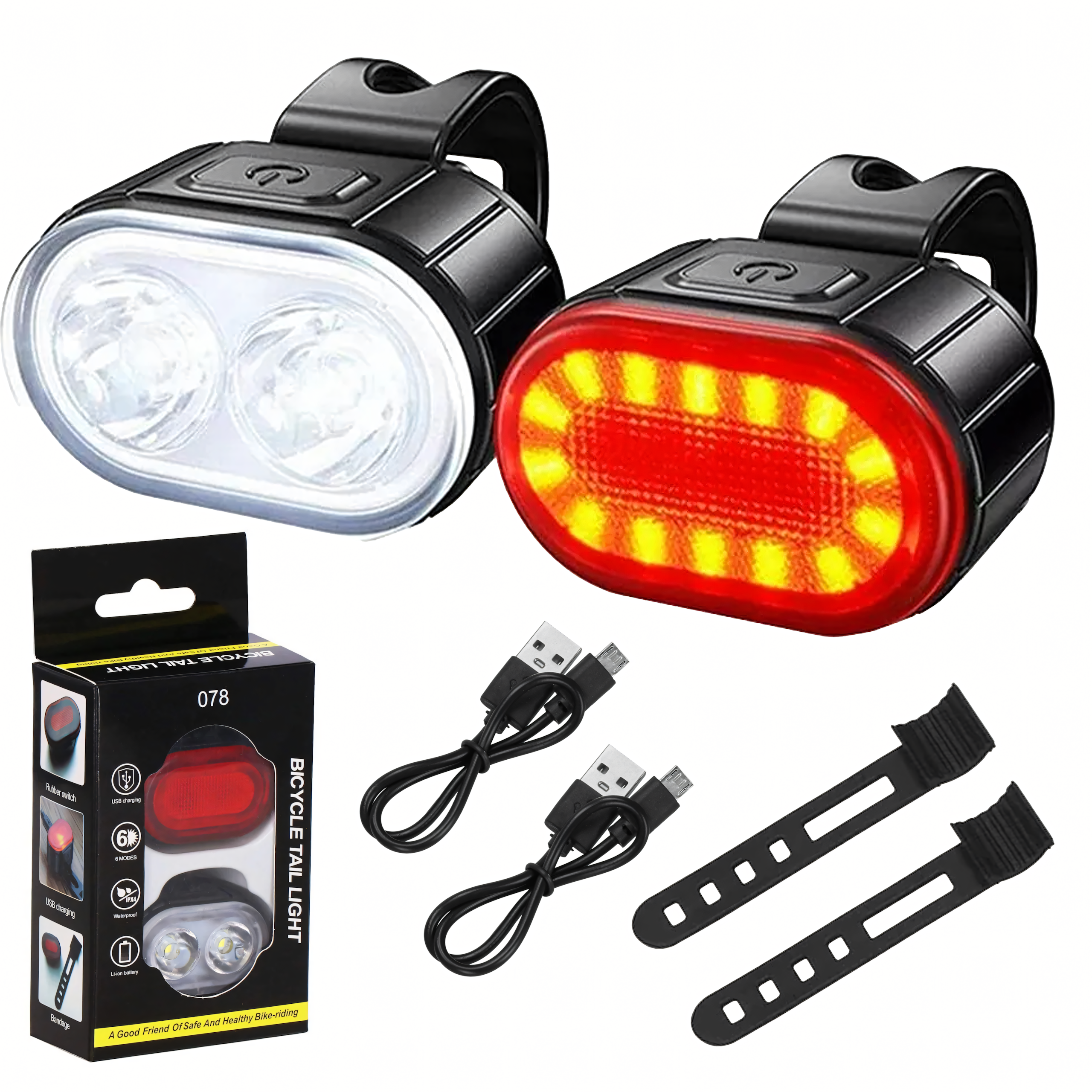 Tugev USB-laetav LED esi- ja tagatulede komplekt jalgrattale 2 tk
