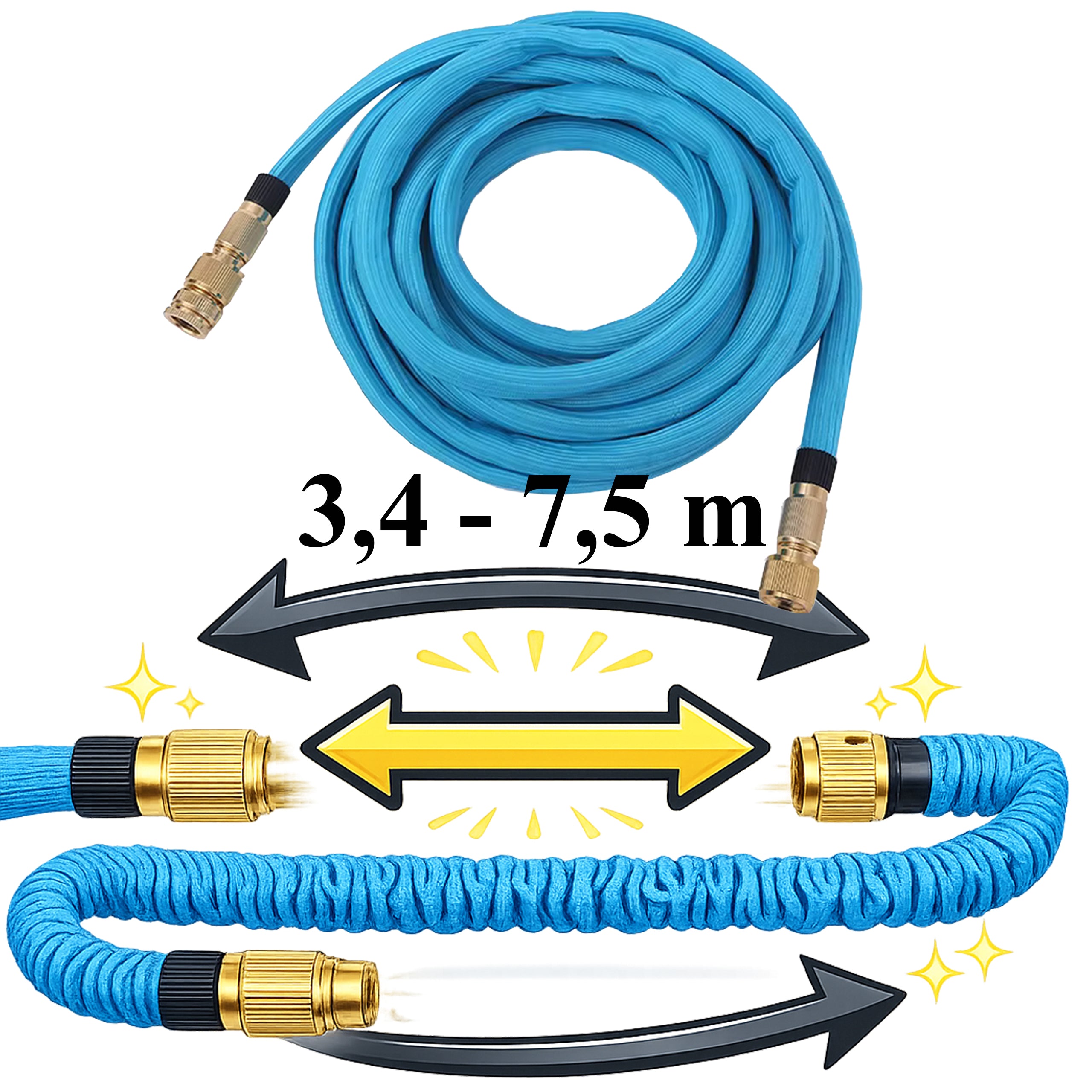 Premium Strong Elastic Expandable Garden Hose 3.4-7.5m with 1/2 and 3/4 Connectors