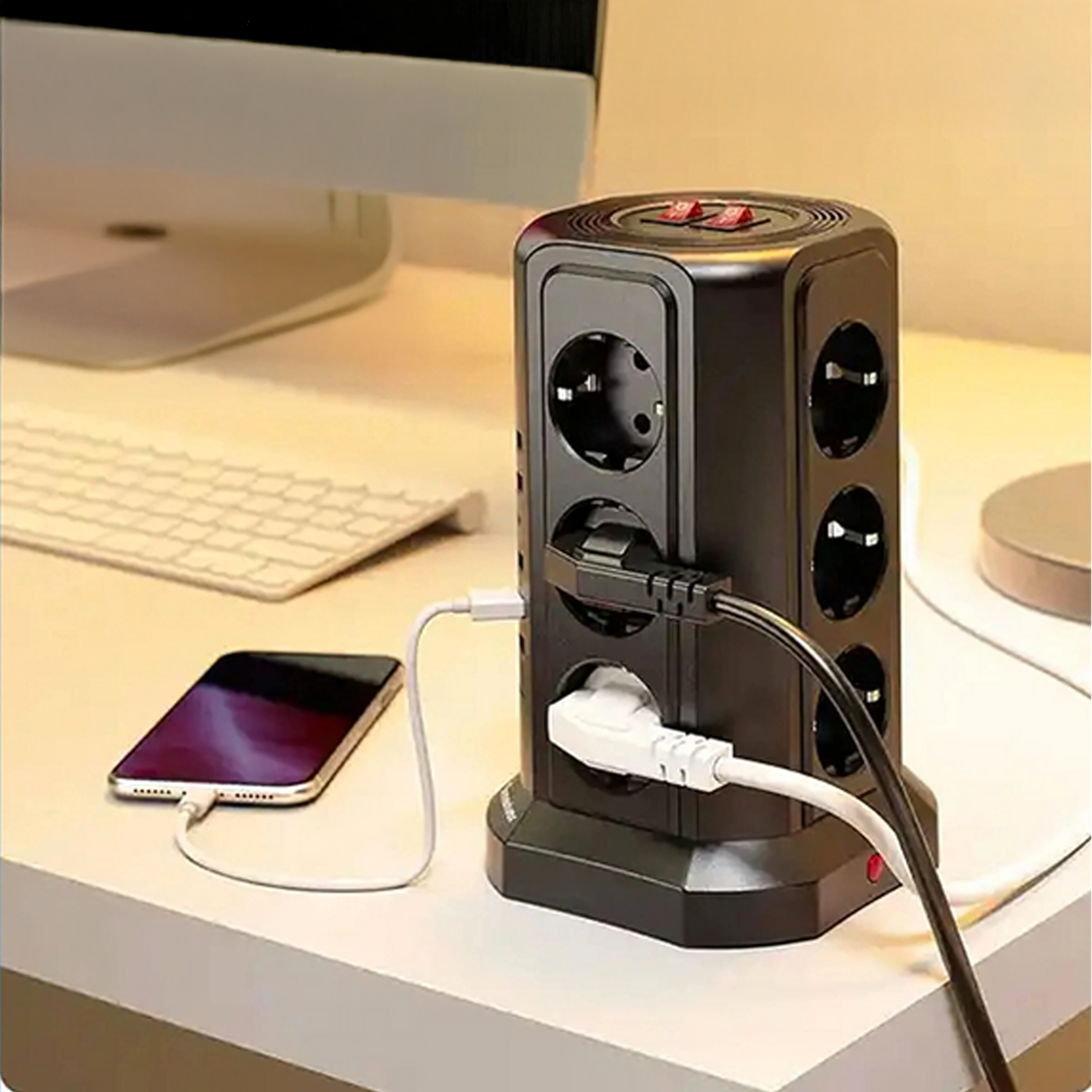 Püstine kaitsev pikendusjuhe välgukaitsega, 12 pistikupesa + 5 USB lähtestusporti