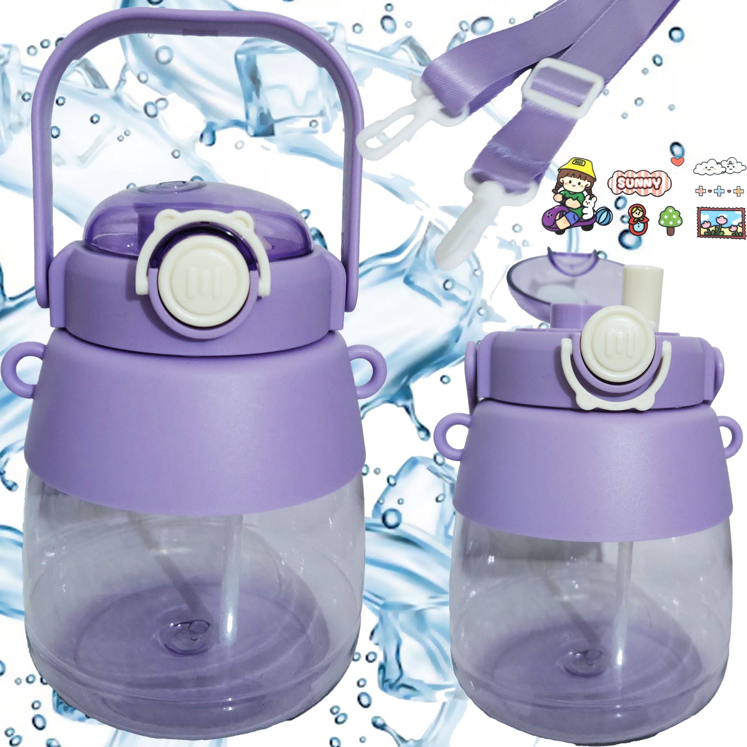 Water Bottle with Straw and Lanyard for Kids 1L