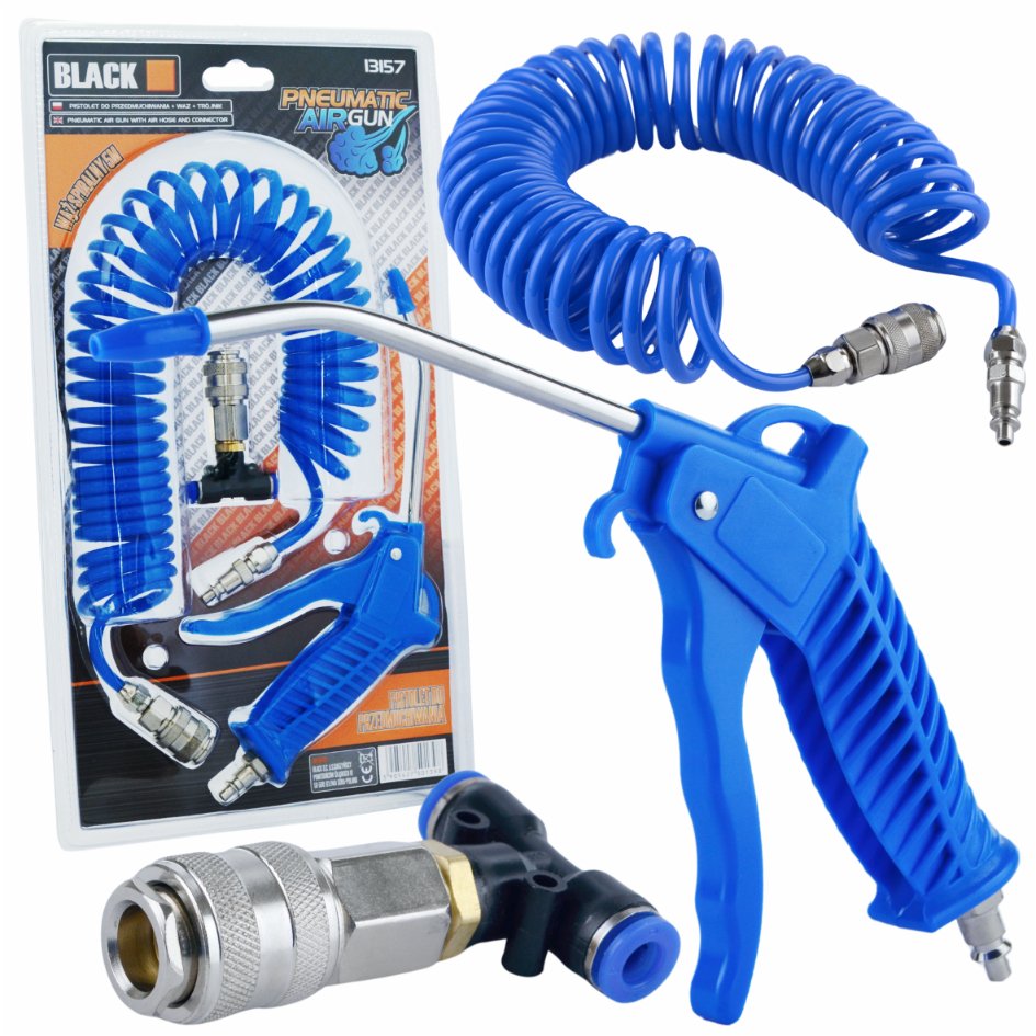 Must pneumaatiline puhastuspüstoli komplekt vooliku ja kolmikühendusega