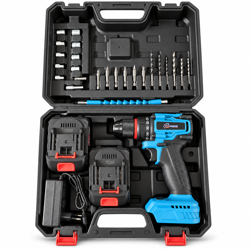 RANGERZ RSM-004 drill kit in open carrying case with two batteries and charger