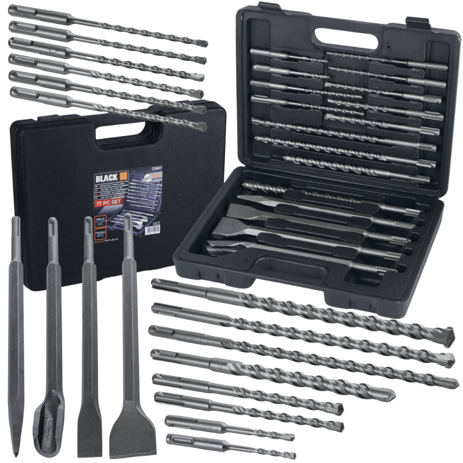 Black SDS Plus Drill and Chisel Set, 17 Pieces