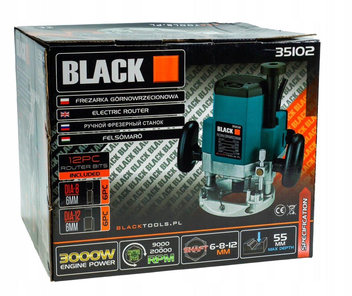 Black Plunge Router 3000W – 55mm Plunge, 9000–20000 RPM, 6/8/12mm Collets (230V)