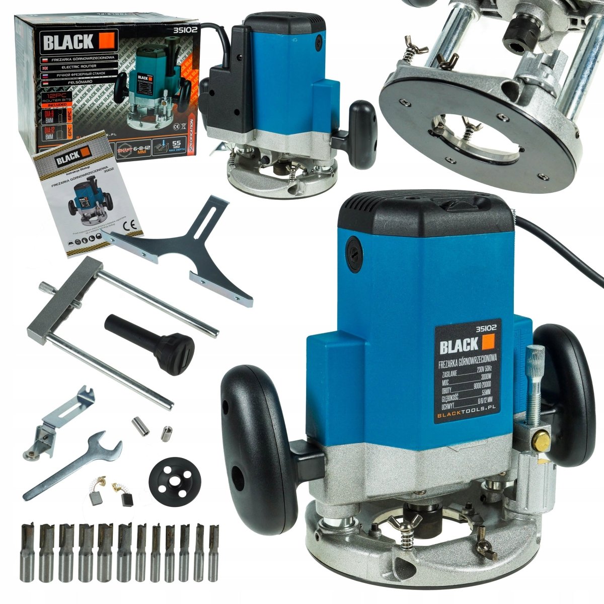 Black Plunge Router 3000W – 55mm Plunge, 9000–20000 RPM, 6/8/12mm Collets (230V)