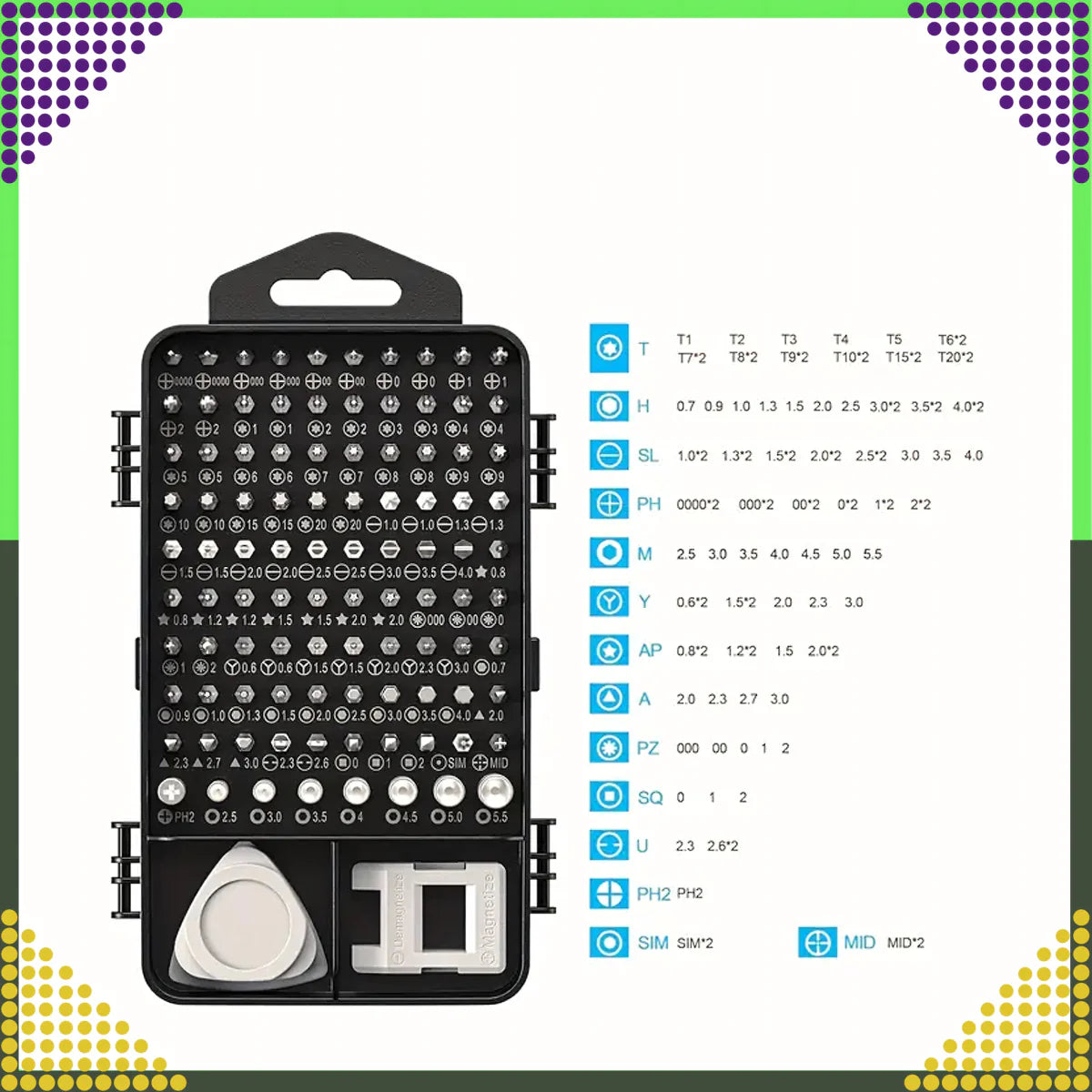 115-osaline täppiskruvikeerajate komplekt Torx-, PH-, PZ-, kuuskantotsikute ja tarvikutega