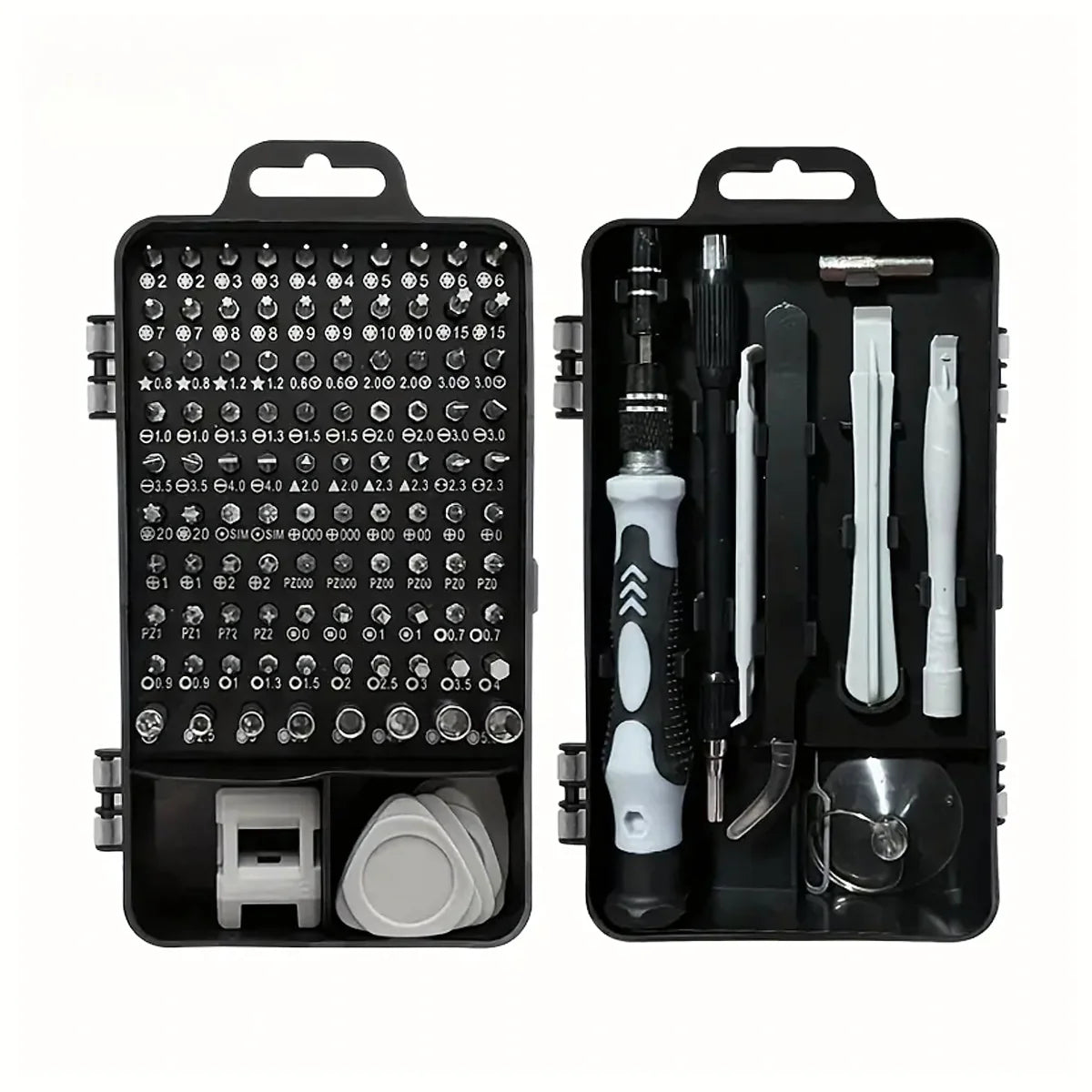 115-osaline täppiskruvikeerajate komplekt Torx-, PH-, PZ-, kuuskantotsikute ja tarvikutega