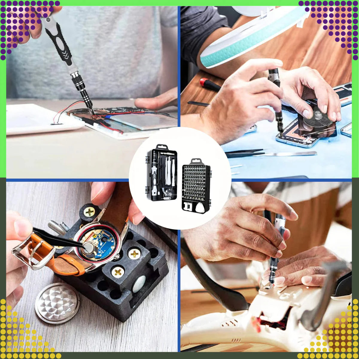 115-osaline täppiskruvikeerajate komplekt Torx-, PH-, PZ-, kuuskantotsikute ja tarvikutega