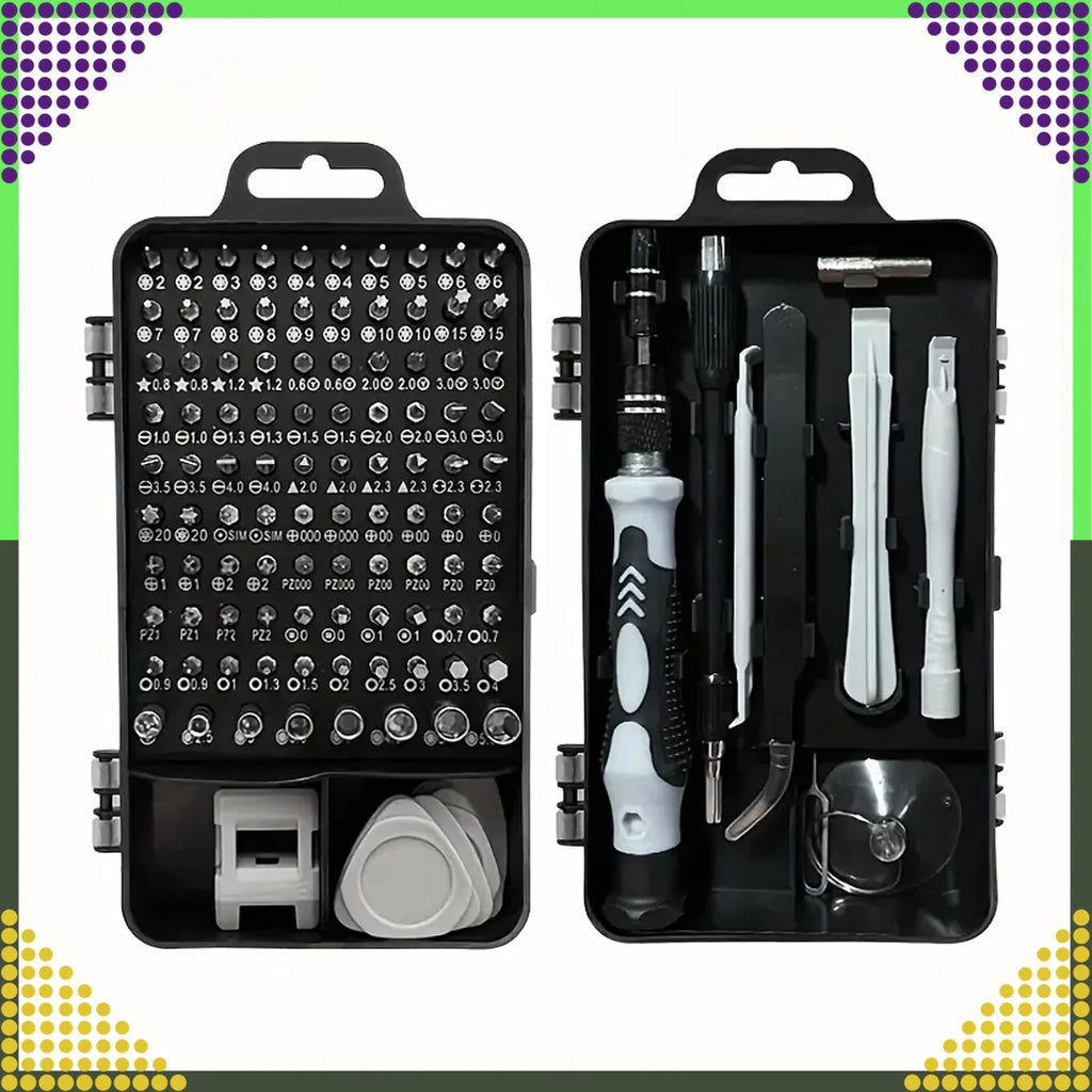 115-osaline täppiskruvikeerajate komplekt Torx-, PH-, PZ-, kuuskantotsikute ja tarvikutega