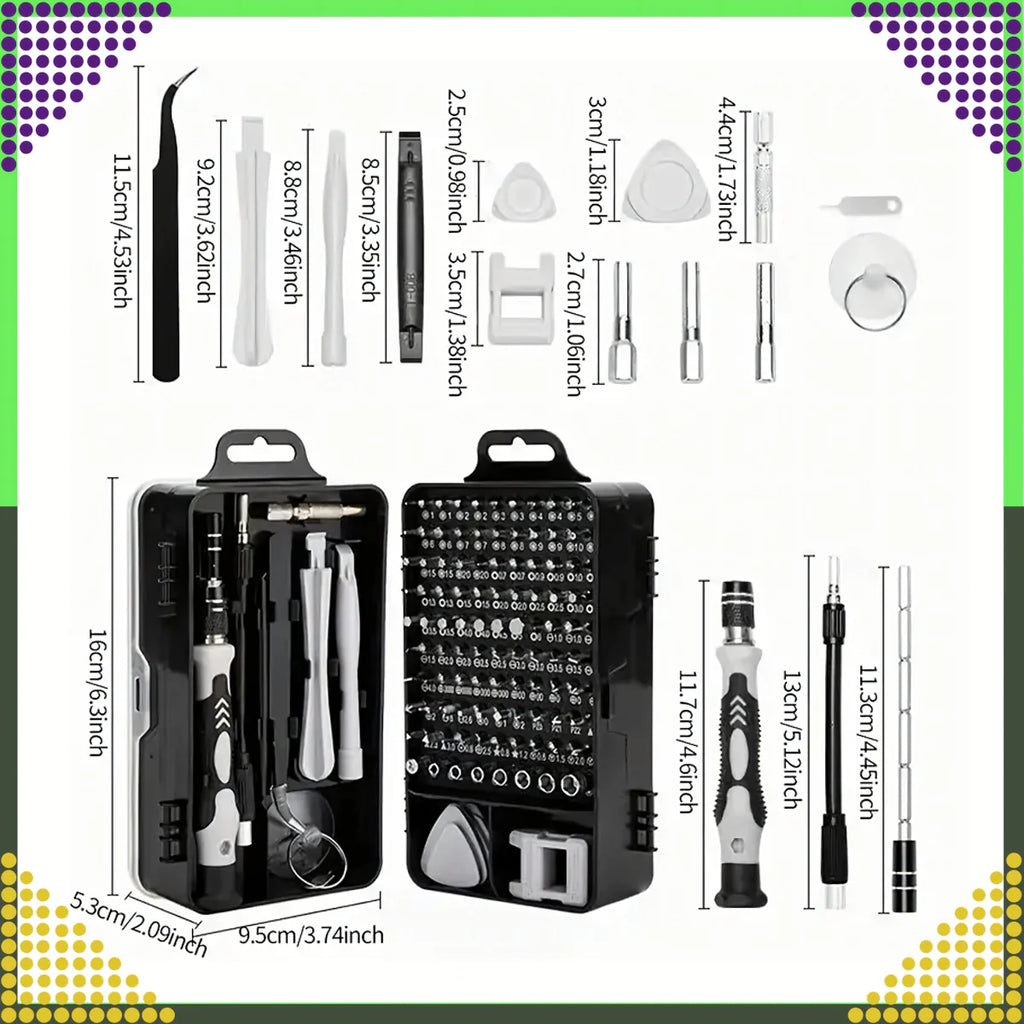 115-osaline täppiskruvikeerajate komplekt Torx-, PH-, PZ-, kuuskantotsikute ja tarvikutega