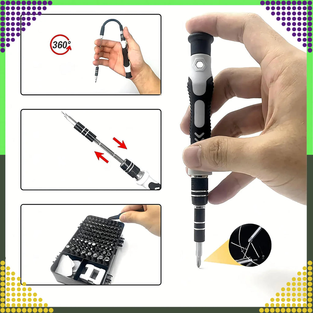 115-osaline täppiskruvikeerajate komplekt Torx-, PH-, PZ-, kuuskantotsikute ja tarvikutega