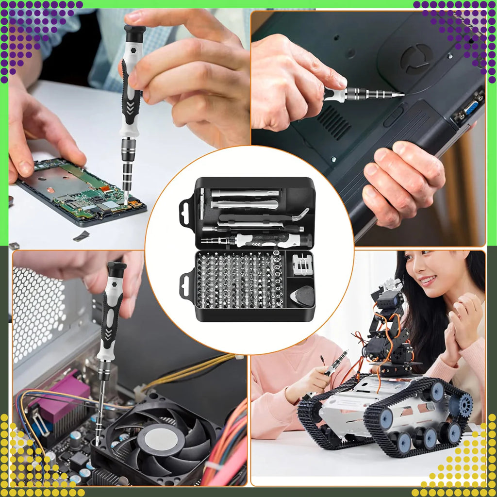 115-osaline täppiskruvikeerajate komplekt Torx-, PH-, PZ-, kuuskantotsikute ja tarvikutega