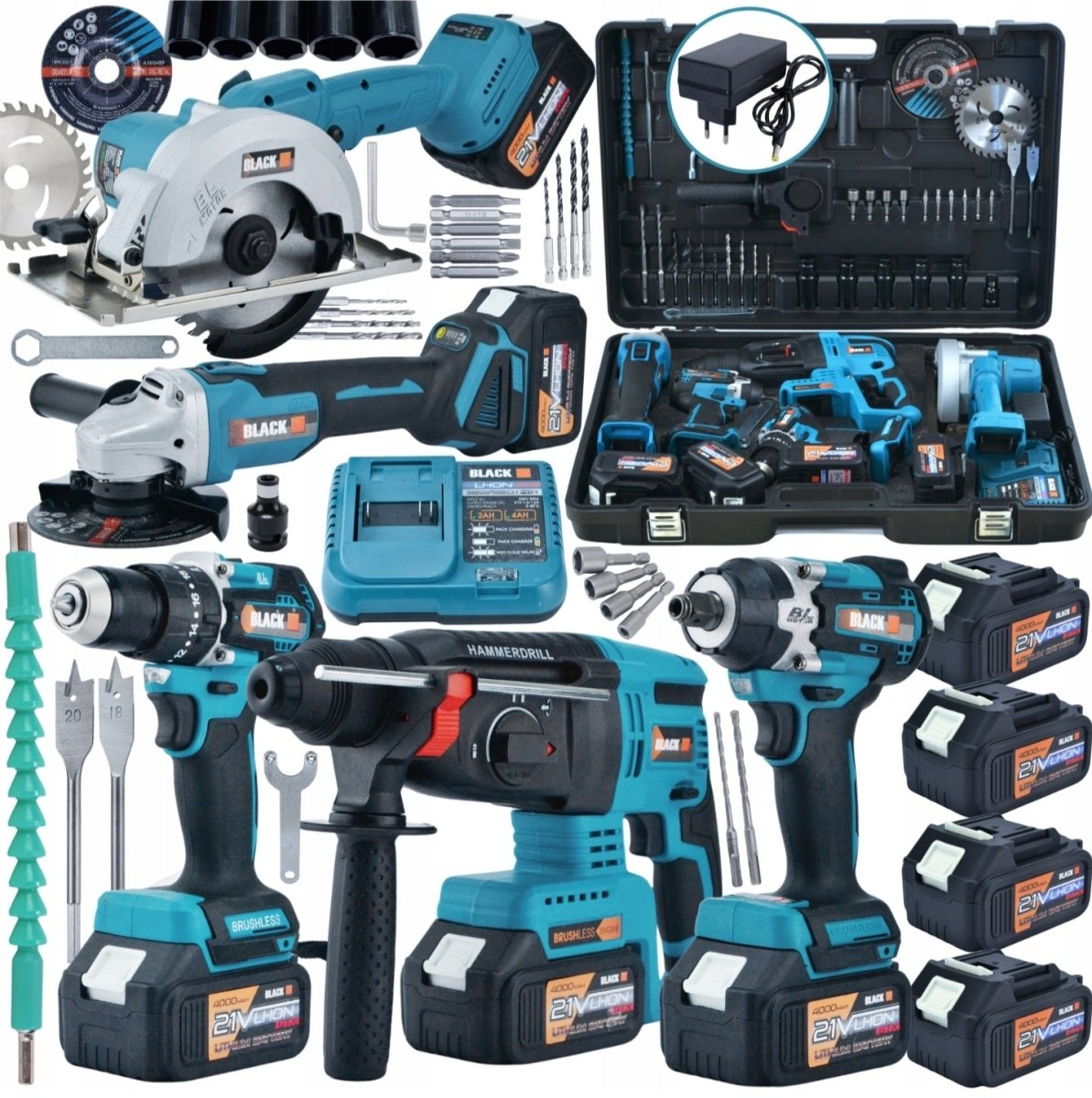 Black 21V juhtmeta 5in1 tööriistakomplekt 4 akuga ja tarvikutega