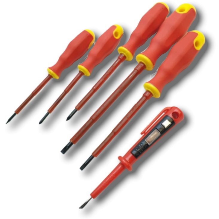 VDE isolatsiooniga kruvikeerajate komplekt koos testeriga, 6 tk