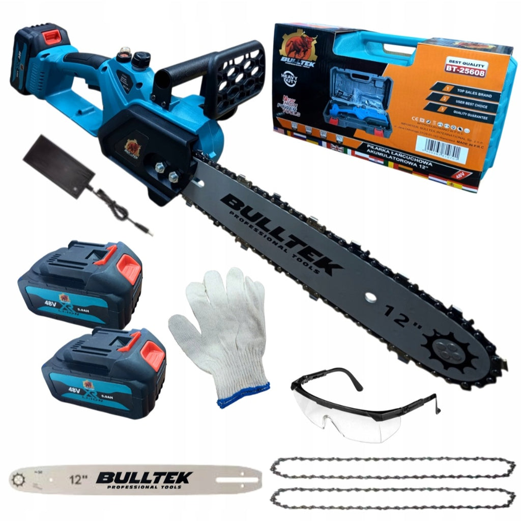 Bull-Tech BT-25608 juhtmeta kettsaag 12" (30cm) – 2× 48V 5Ah akud, 2× saeketid, harjavaba 1000W, kohver