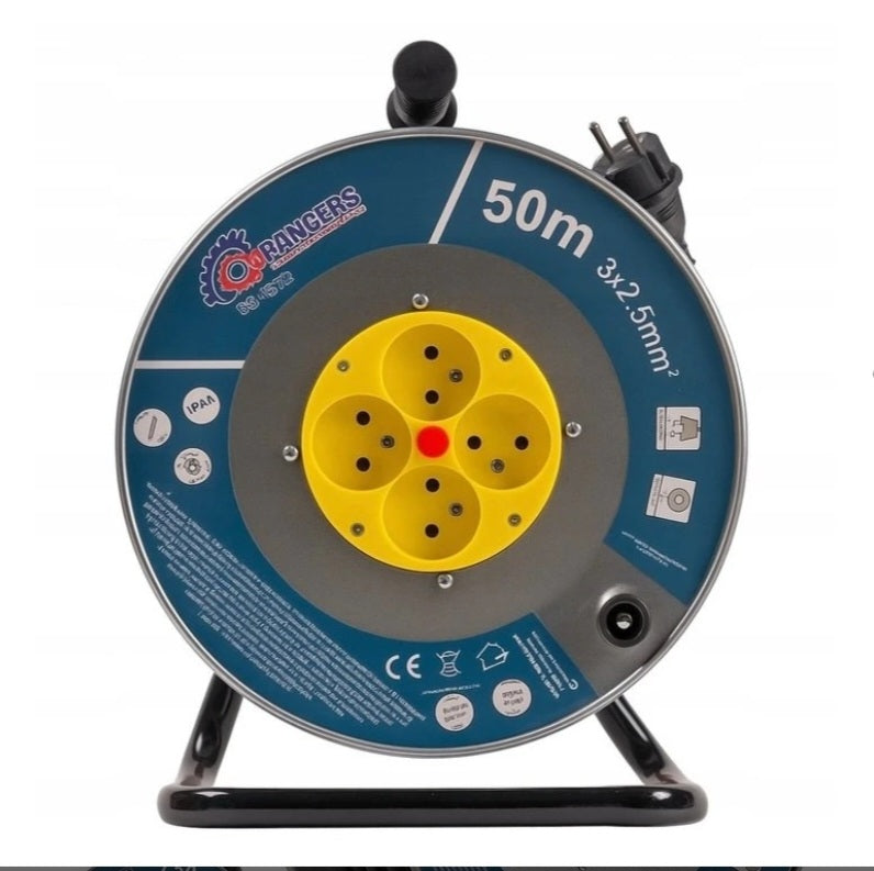 BULLTECH / Rangers Extension Cord Reel on Metal Drum 50m 3×2.5mm² – 4 Grounded Sockets, Switch, Thermal Protection, IP20 (RS-1510)