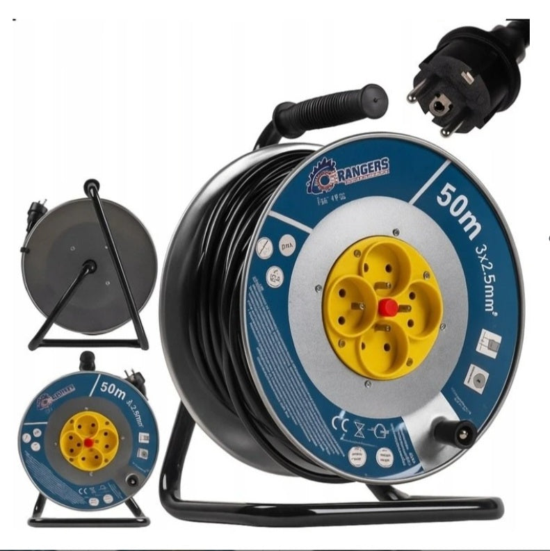 BULLTECH / Rangers Extension Cord Reel on Metal Drum 50m 3×2.5mm² – 4 Grounded Sockets, Switch, Thermal Protection, IP20 (RS-1510)
