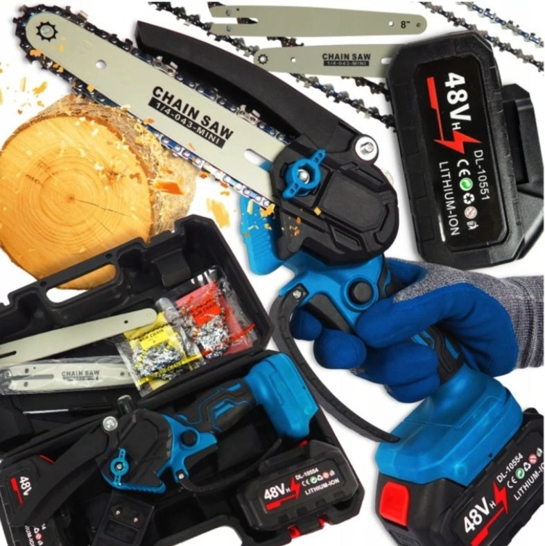 BULLTECH juhtmeta väike kettsaag 8" – 2× 48V akud, 2× saeketid, automaatne õlitamine, kohver