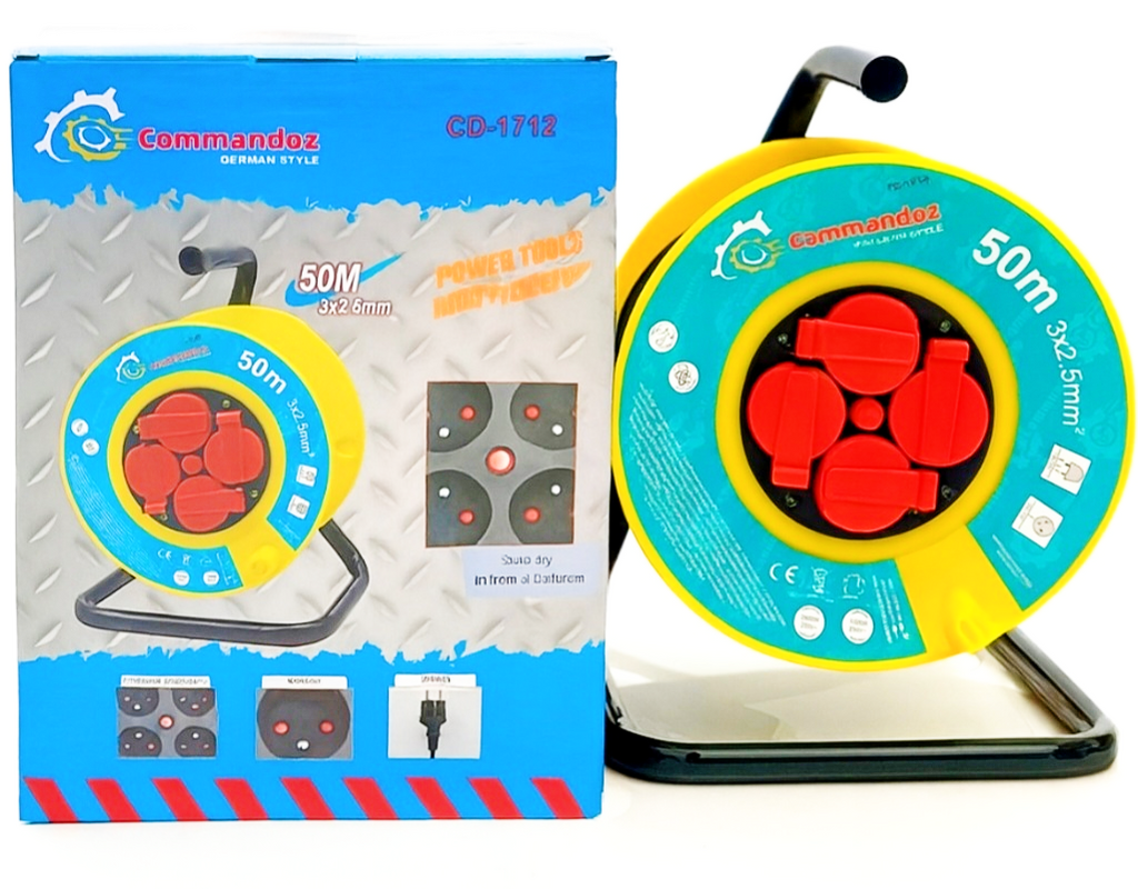 AED / EHITUS PIKENDUSJUHE RULLIL 50M 3×2.5mm – 4 pistikupesa, lüliti + lähtestus, IP44