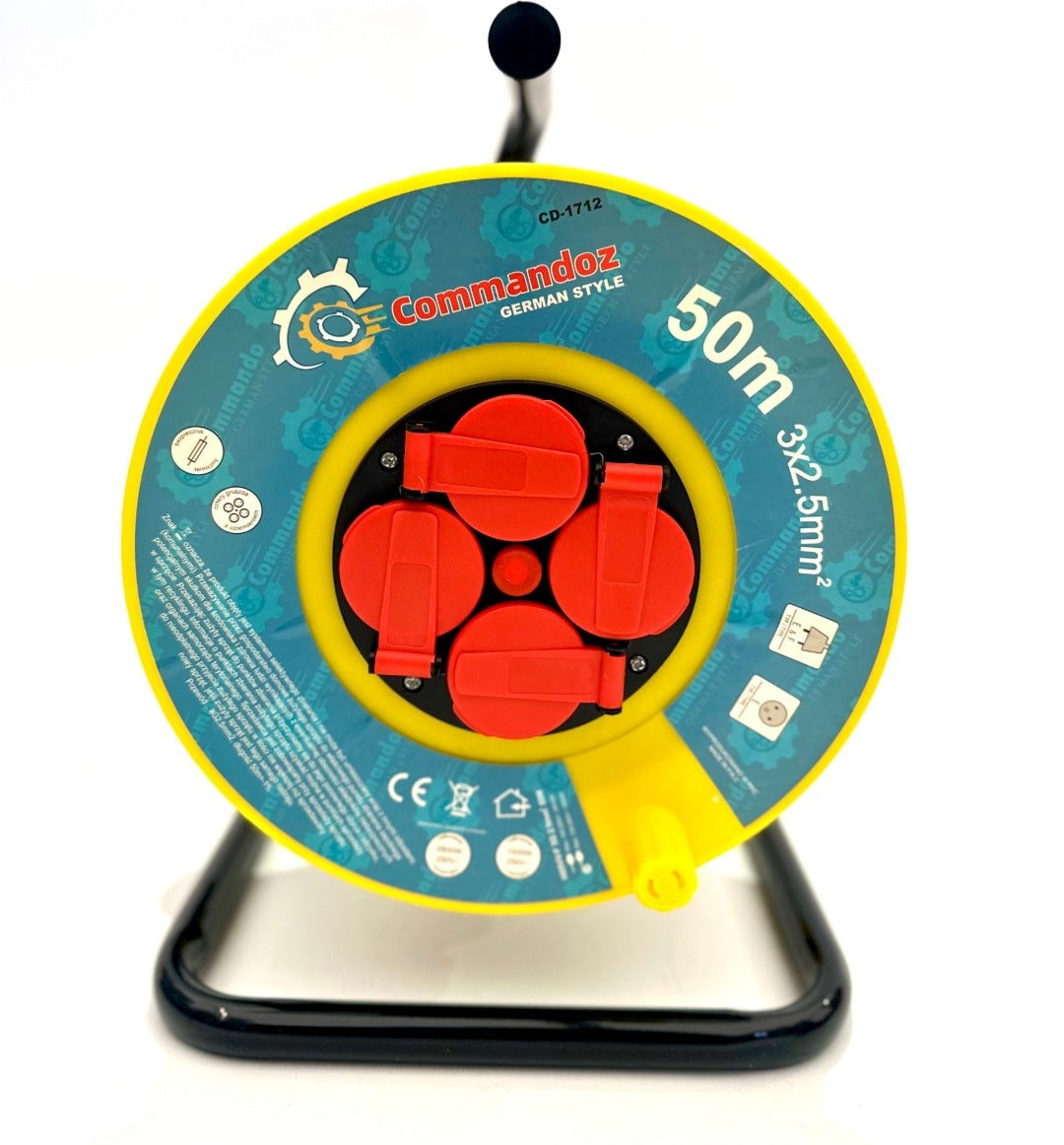 AED / EHITUS PIKENDUSJUHE RULLIL 50M 3×2.5mm – 4 pistikupesa, lüliti + lähtestus, IP44