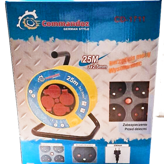 Ehitus- / Aia pikendusjuhtme rull 25m 3×2.5mm – 4 pistikupesa, valgustatud lüliti + lähtestus, IP44 (Commandez CD-1711)