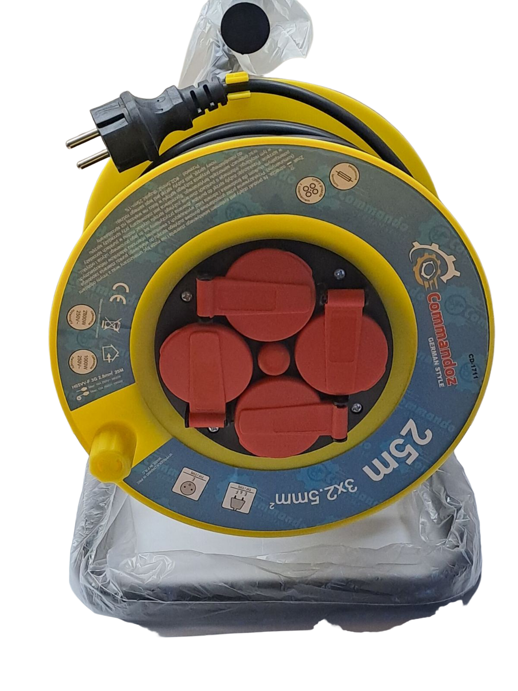 Ehitus- / Aia pikendusjuhtme rull 25m 3×2.5mm – 4 pistikupesa, valgustatud lüliti + lähtestus, IP44 (Commandez CD-1711)