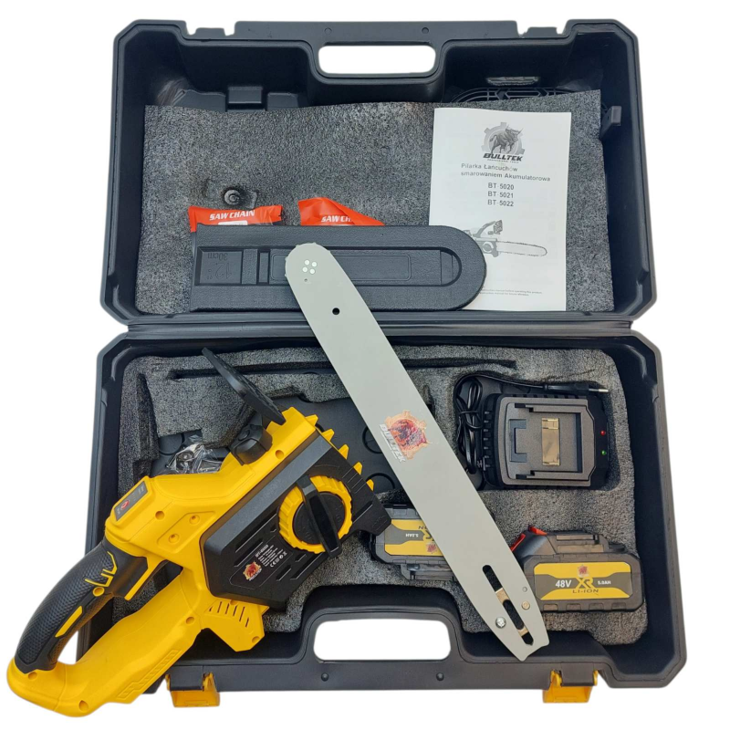 Bulltech juhtmeta kettsaag 1,1 kW – 10"/12" latt, 9 m/s ketikiirus, 2× akud + kohver