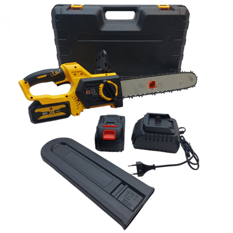 Bulltech juhtmeta kettsaag 1,1 kW – 10"/12" latt, 9 m/s ketikiirus, 2× akud + kohver