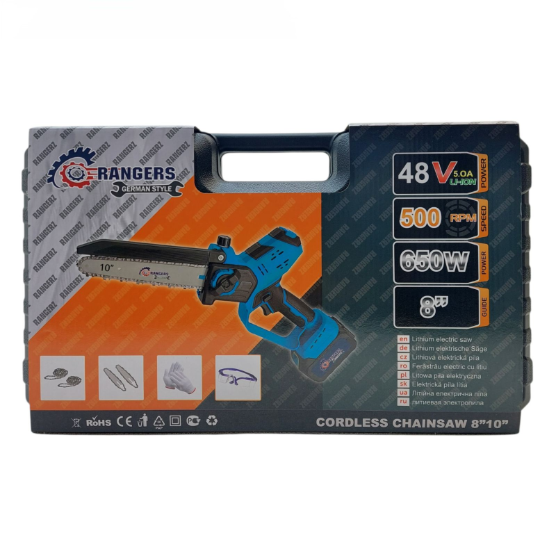 RANGERZ RS6012E akutoitega kettsaag 48V 8" – 650W, digitaalne aku ekraan, 2× 2.0Ah akud, kohver