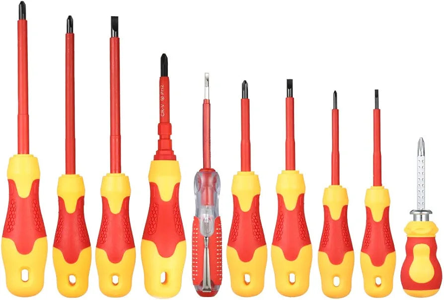 10-Piece Insulated Screwdriver Set 1000V – Magnetic Phillips & Slotted Tips, Soft Grip, Case