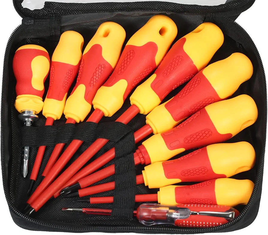 10-Piece Insulated Screwdriver Set 1000V – Magnetic Phillips & Slotted Tips, Soft Grip, Case