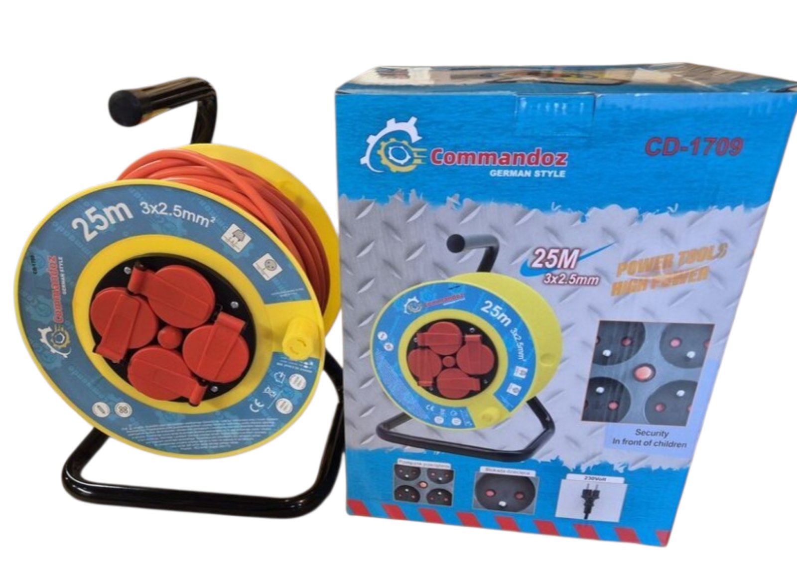 Commandez Extension Cord Reel 25m 3×2.5mm² – 4 Sockets, Thermal Protection, IP44, Orange Cable