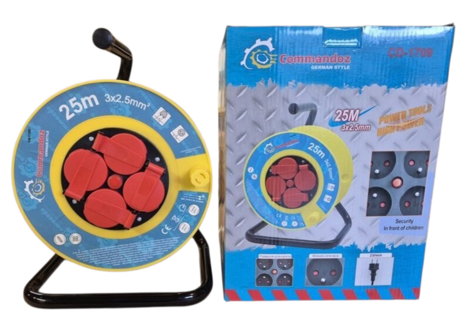 Commandez Extension Cord Reel 25m 3×2.5mm² – 4 Sockets, Thermal Protection, IP44, Orange Cable