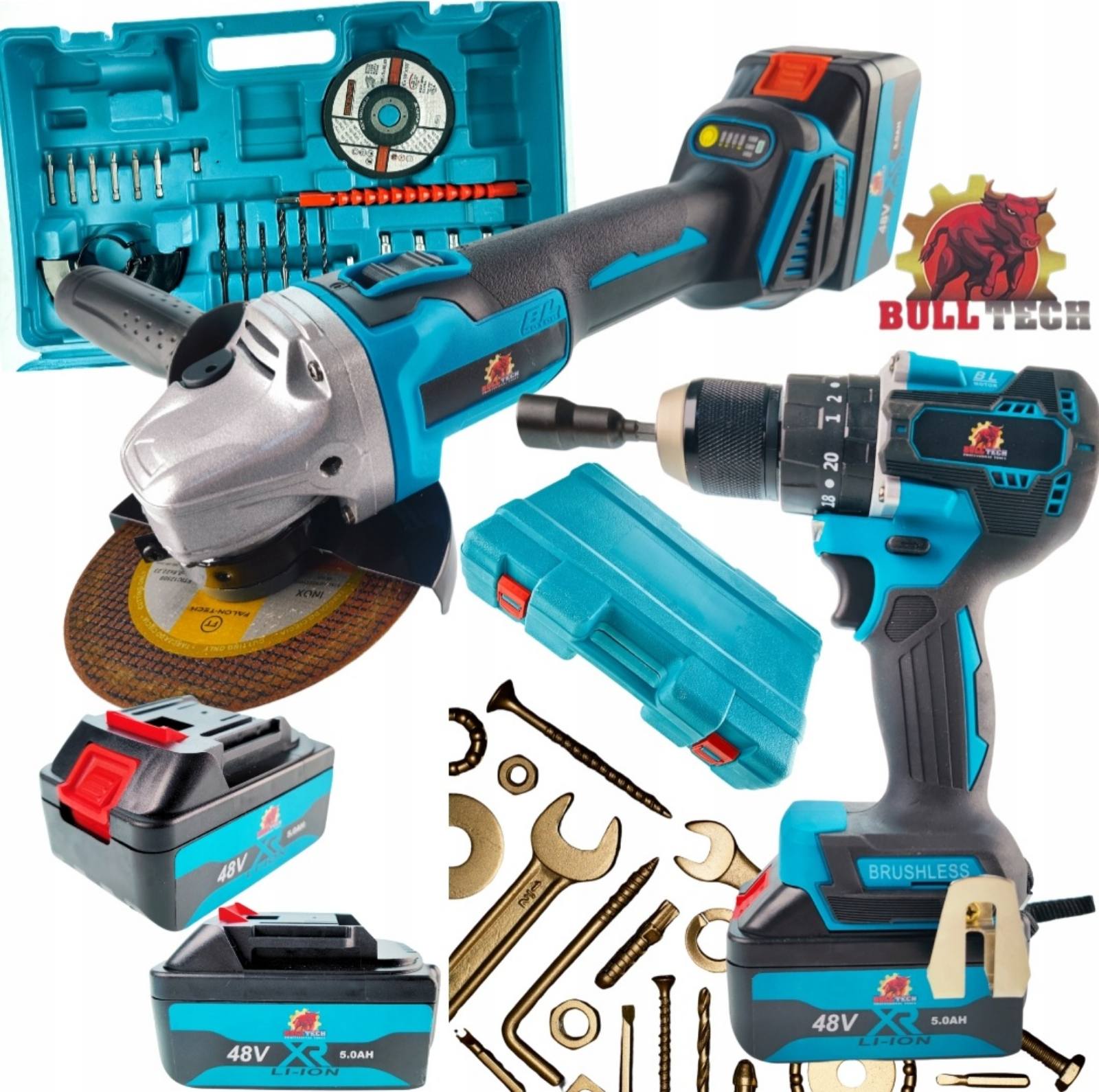 BullTech 48V 2-ühes juhtmevaba tööriistakomplekt – nurklihvija + puur/kruvikeeraja, 2× 5.0Ah akud, harjavaba, 125mm