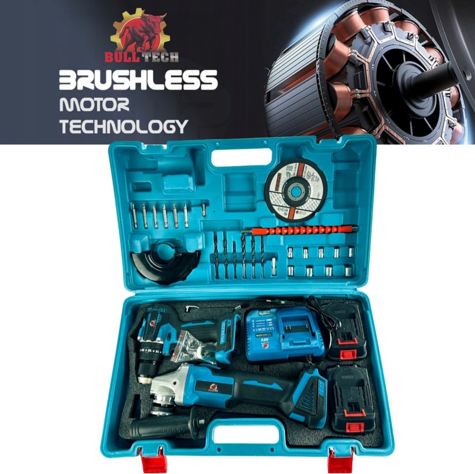 BullTech 48V 2-ühes juhtmevaba tööriistakomplekt – nurklihvija + puur/kruvikeeraja, 2× 5.0Ah akud, harjavaba, 125mm