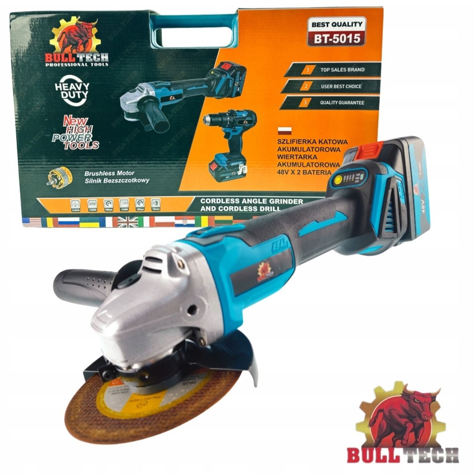 BullTech 48V 2-ühes juhtmevaba tööriistakomplekt – nurklihvija + puur/kruvikeeraja, 2× 5.0Ah akud, harjavaba, 125mm