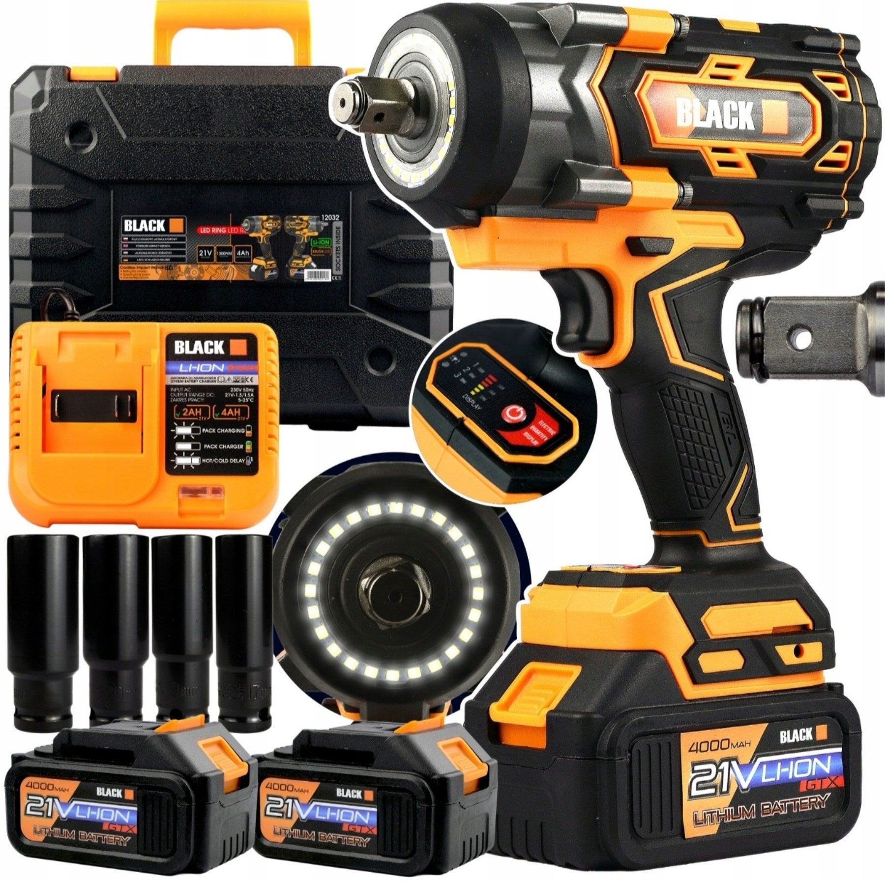 BLACK juhtmeta löökmutrikeeraja 1000Nm 21V LED-rõngas + 2x 4Ah aku