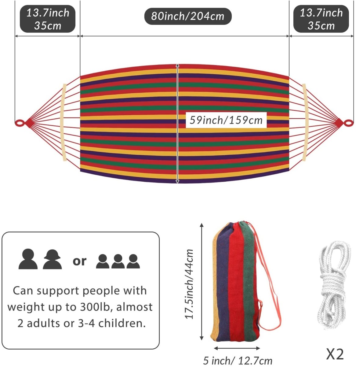 200cm x 80cm Durable Hammock with Wooden Spreaders